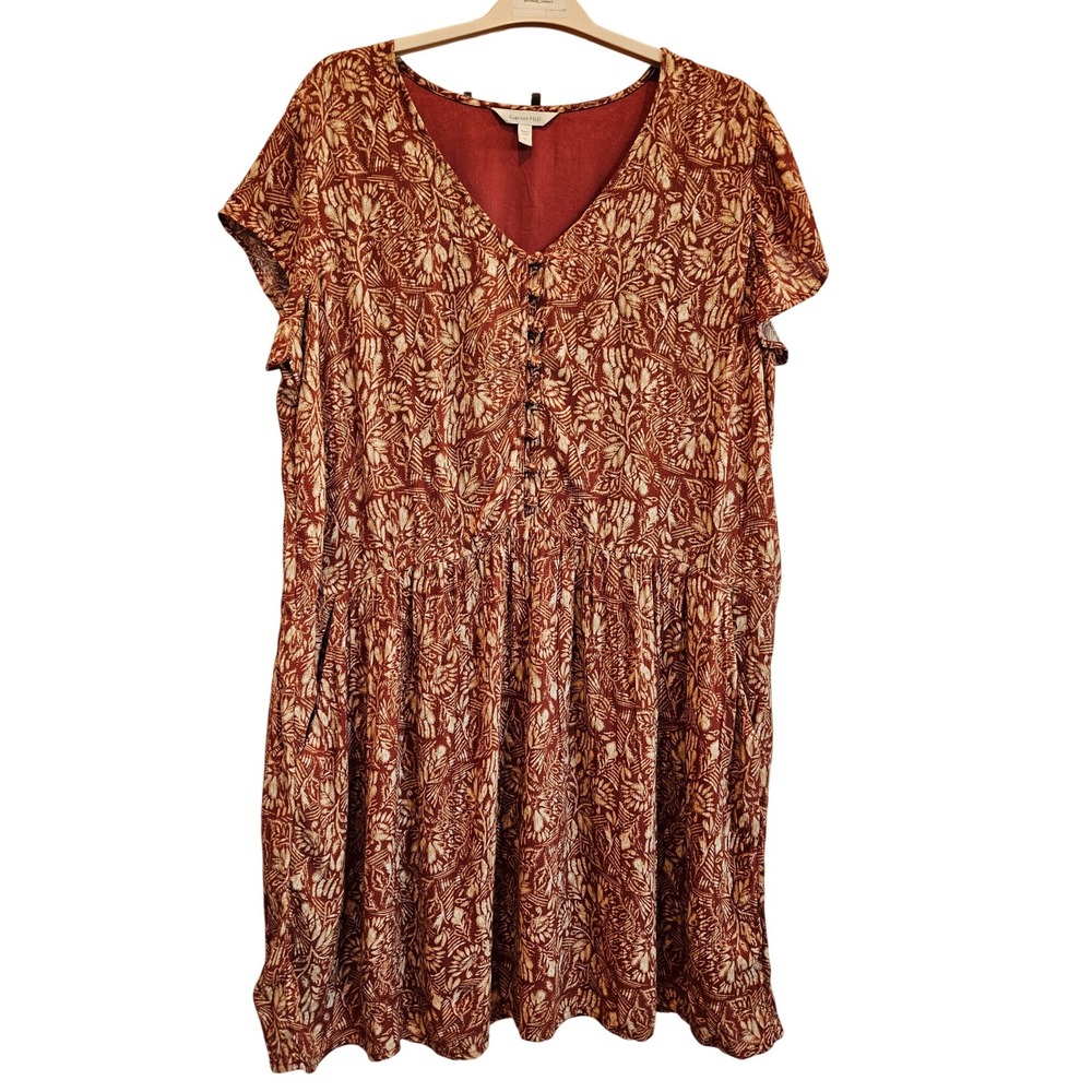 Garnet Hill Women's XL FALL Brown Floral Print Short Sleeve V Neck Dress